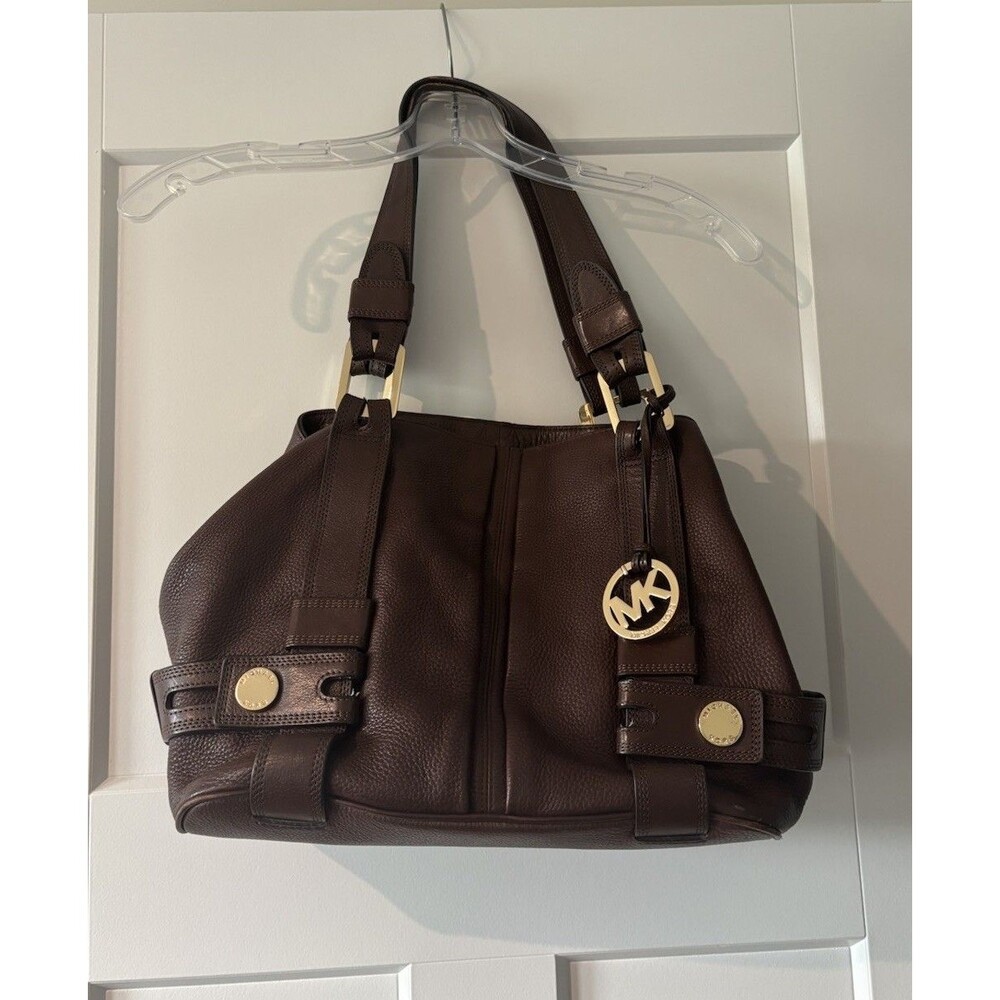 Michael Kors Harness Grab Bag Dark Brown Mocha Pebble Leather Purse Handbag